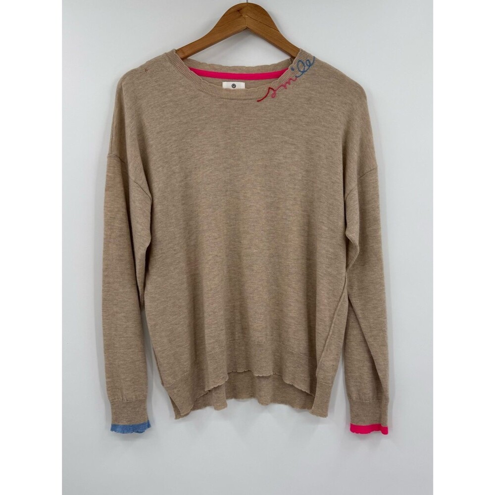 Sundry Smile Embroidered Merino Cashmere Sweater | Tan | Size 2 (Medium)